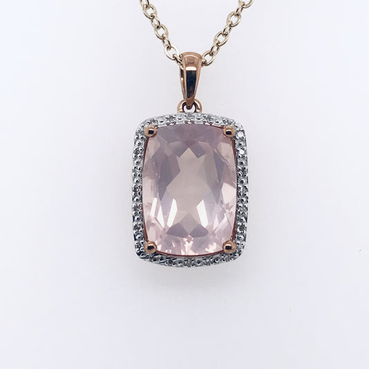 9K RG CUSHION ROSE QUARTZ AND DIAMOND PENDANT