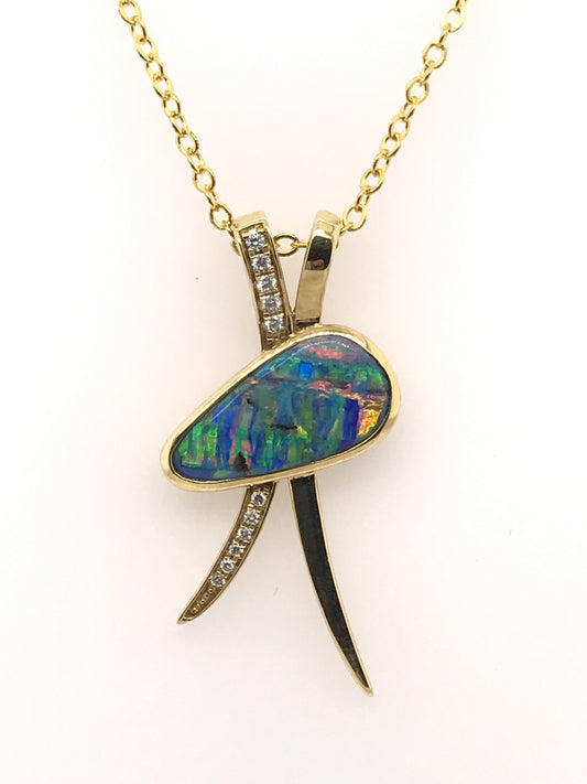 18K YG SOLID BOULDER OPAL AND DIAMOND PENDANT