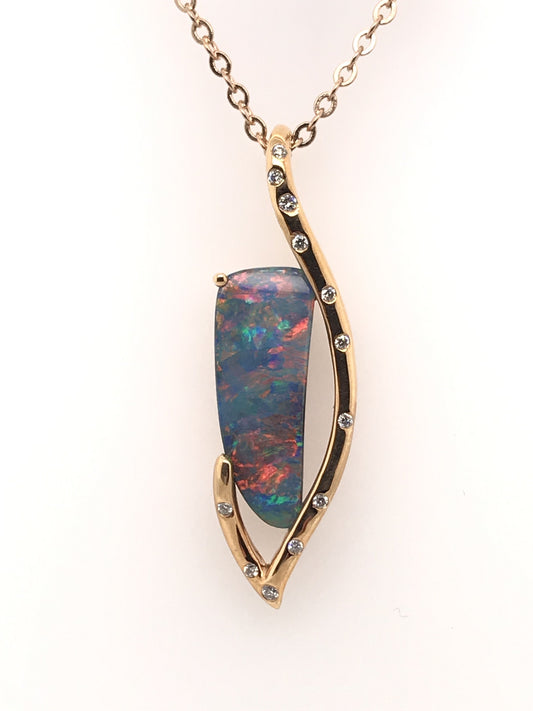 18K RG SOLID BOULDER OPAL AND DIAMOND PENDANT