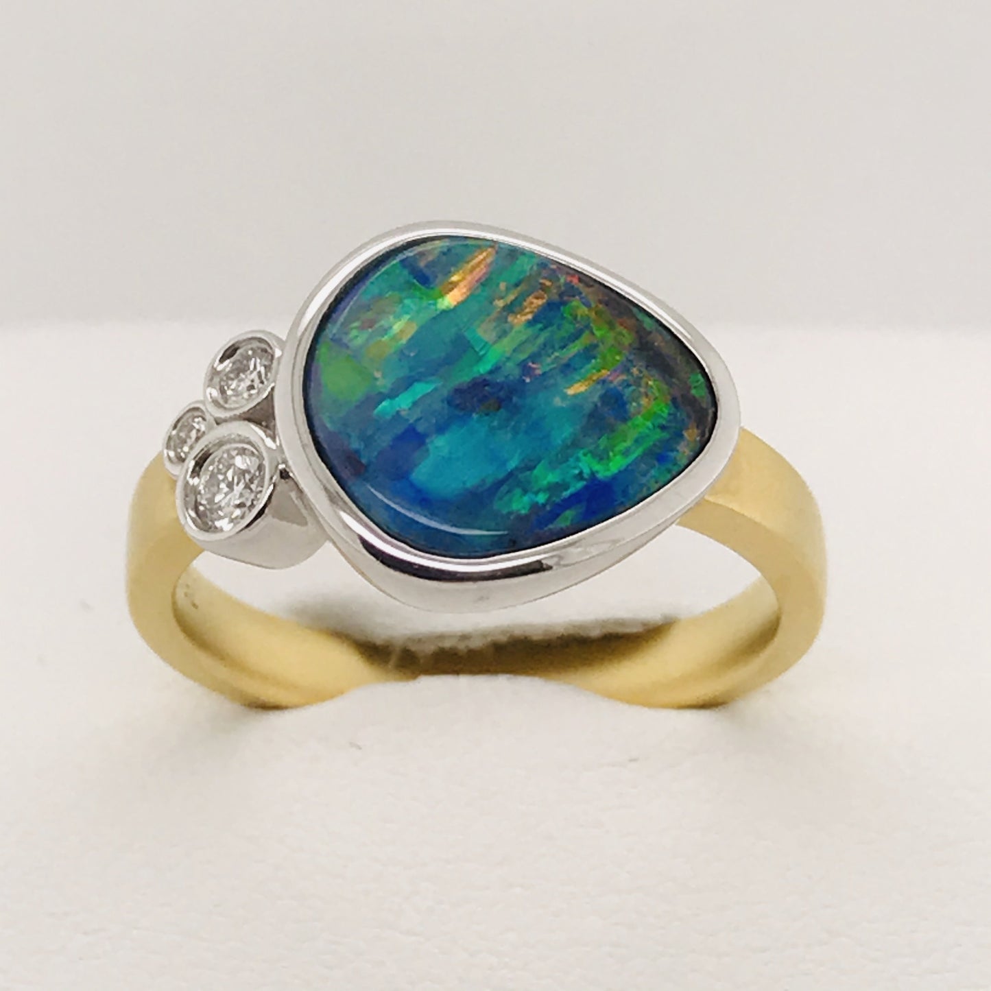 18K YG SOLID BOULDER OPAL AND DIAMOND RING
