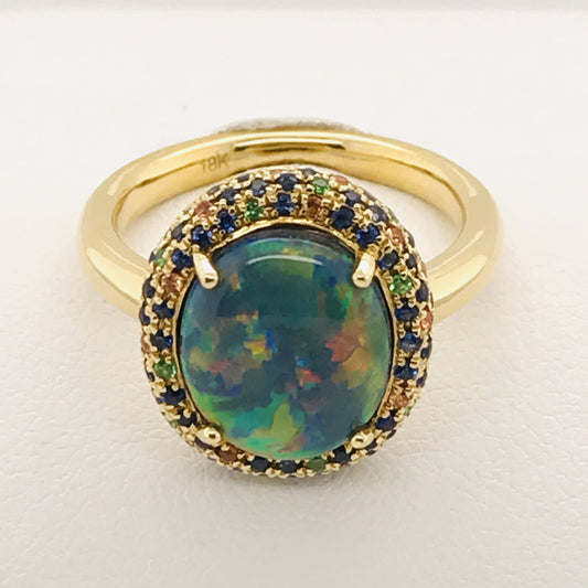 18K YG SOLID BLACK OPAL AND COLOURED STONES RING