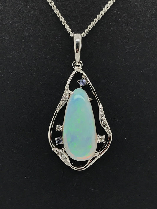 14K WG SOLID WHITE OPAL AND DIAMOND PENDANT